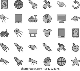 Thin line gray tint vector icon set - monitor vector, counterclockwise, t short, earth, artificial satellite, planet, billboard, rocket, space, tablet pc, hdd, telescope, antenna, saturn, first