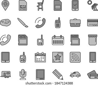 Thin line gray tint vector icon set - tassel vector, desktop microphone, calendar, bank card, rss feed, toy phone, mobile, a chair for feeding child, smartphone, call, piece of meat, jam, retro car
