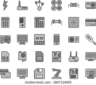 Thin line gray tint vector icon set - floppy disk vector, monitor, window, bank card, electronic thermometer e, lightning, screen, cards, math actions, processor, assembly robot, SIM, calculator
