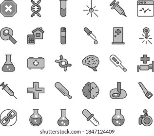 Thin line gray tint vector icon set - mark of injury vector, spectacles, plus, electronic thermometer e, mercury, bag a paramedic, arm saw, estimate, cardiogram, round flask, outdoor, test tube, dna