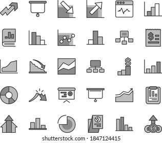 Thin line gray tint vector icon set - growth up vector, pie chart, bar, line, graph, negative, histogram, positive, cardiogram, recession, a crisis, statistical report, scheme, hierarchical, arrow