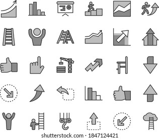 Thin line gray tint vector icon set - upward direction vector, downward, growth up, line chart, positive histogram, a chair for feeding, tower crane, winch hook, stepladder, ladder, index finger