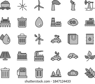 Thin line gray tint vector icon set - bin vector, dust, drop, bag with handles, apple stub, solar panel, working oil derrick, leaves, gas station, windmill, wind energy, manufacture, hydroelectric