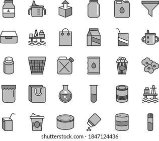 Thin line gray tint vector icon set - wicker pot vector, mug for feeding, measuring cup, powder, baby, e, packing of juice with a straw, drawer, bag handles, package, unpacking, canned goods, tin