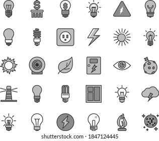 Thin line gray tint vector icon set - lightning vector, matte light bulb, incandescent lamp, window, power socket type b, dangers, eye, storm cloud, lens, leaf, energy saving, mercury, lighthouse