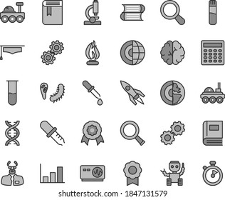 Thin line gray tint vector icon set - book vector, books, test tube, microscope, zoom, dna, brain, gears, bactery, pipette, oscilloscope, flame, scientist, graduate hat, calculator, growth graph