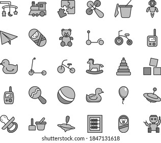 Graue dünne Linie, Vektorsymbol-Set - Papierfliegervektor, Spielzeug über der Wiege, Nippel, neuer Abacus, Sitzbeutel, Baby-Rattle, Gummi-Ente, Ente, Ball, Stapelspielzeug, roly-Poly-Puppe, Schuster