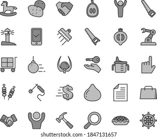Thin line gray tint vector icon set - cargo trolley vector, scribbled paper, magnifier, dollar, measuring cup for feeding, small rocking horse, big core, hand saw, arm, spatula, hammer with claw