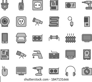 Thin line gray tint vector icon set - keyboard vector, cordless drill, power socket type b, f, plummet, heating coil, faucet mixer, headphones, screen, smartphone, lens, plug, cast iron radiator