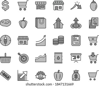 Thin line gray tint vector icon set - grocery basket vector, growth chart, cart, put in, crossed, bag with handles, kiosk, piece of meat, tamarillo, Bell pepper, ripe, oil, stall, goal woman, coins