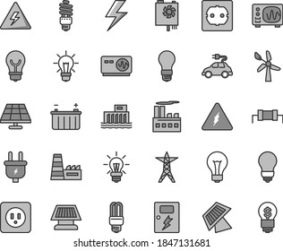 Thin line gray tint vector icon set - lightning vector, danger of electricity, matte light bulb, power socket type b, f, dangers, solar panel, wind energy, battery, hydroelectric station, line, plug