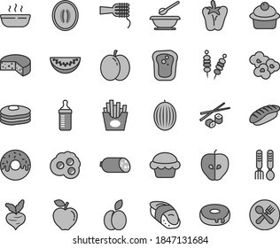Thin line gray tint vector icon set - measuring bottle for feeding vector, plates and spoons, iron fork, sausage, cheese, fried vegetables on sticks, noodles, cake, muffin, with a hole, glazed, red