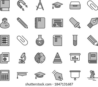 Thin line gray tint vector icon set - clip vector, graphite pencil, calculator, book, new abacus, stacking toy, e, notebook, drawer, round flask, magnet, scribed compasses, text highlighter, brain