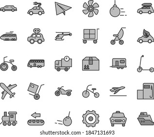 Thin line gray tint vector icon set - truck lorry vector, cargo trolley, paper airplane, summer stroller, motor vehicle present, baby toy train, child bicycle, tricycle, Kick scooter, big core, car