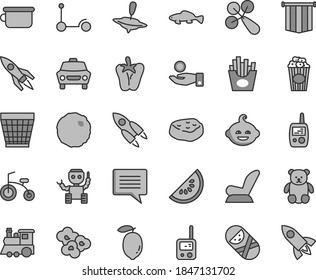 Thin line gray tint vector icon set - image of thought vector, wicker pot, baby rattle, car child seat, tumbler, toy phone, mobile, children's potty, small teddy bear, funny hairdo, train, yule, cup