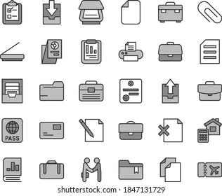 Thin line gray tint vector icon set - clip vector, clean paper, folder, archive, upload data, download, bookmark, portfolio, suitcase, estimate, passport, pass card, notes, delete page, survey, file