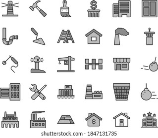 Thin line gray tint vector icon set - house vector, wicker pot, crane, dwelling, big core, building trowel, window, small tools, wooden paint brush, ladder, siphon, buildings, city block, kiosk