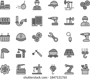 Thin line gray tint vector icon set - tower crane vector, builder, workman, hook, winch, cordless drill, sewerage, buildings, construction helmet, plummet, core, solar panel, oil derrick, working