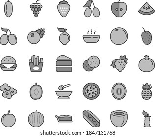 Thin line gray tint vector icon set - deep plate with a spoon vector, pizza, Hot Dog, big burger, piece of cake, slice, porridge, French fries, popcorn, blueberries, strawberry, biscuit, pomegranate