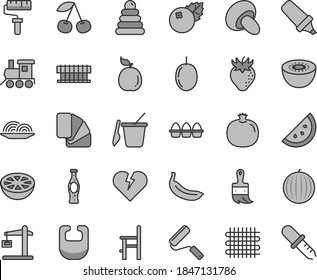 Thin line gray tint vector icon set - paint roller vector, bib, stacking rings, children's sand set, a chair for feeding, baby toy train, new, sample of colour, wooden brush, broken heart, onion