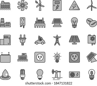 Thin line gray tint vector icon set - danger of electricity vector, bulb, power socket type b, dangers, boiler, coffee beans, marine propeller, solar panel, working oil derrick, modern gas station