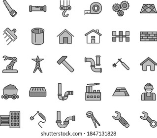 Thin line gray tint vector icon set - house vector, brickwork, winch hook, adjustable wrench, arm saw, measuring tape, siphon, sewerage, construction level, city block, ceramic tiles, brick, spatula