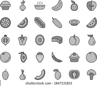 Thin line gray tint vector icon set - cheese vector, Hot Dog, cake, muffin, porridge, a plate of milk, cucumber, peper, beet, strawberry, orange slice, apple, tasty, half medlar, mulberry, melon