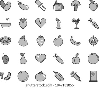Thin line gray tint vector icon set - heart symbol vector, measuring cup for feeding, bath, broken, tomato, carrot, cocktail, strawberry, apple, pear, orange, red, tasty mulberry, yellow lemon, stub