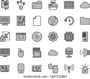 Thin line gray tint vector icon set - monitor vector, folder, big data server, volume, smd, notebook pc, fan, encrypting, mouse, power supply, tower, motherboard, card, usb, cd, printer, flash, sd