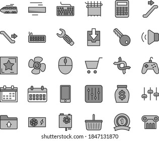 Thin line gray tint vector icon set - calendar vector, grocery basket, keyboard, minus, download archive data, upload folder, smartphone, regulator, volume, fan screw, cloth industry, money, mouse