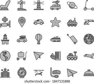 Thin line gray tint vector icon set - paper airplane vector, car child seat, Kick scooter, planet Earth, retro, lighthouse, coastal, location, saturn, lunar rover, plane, sand castle, helicopter