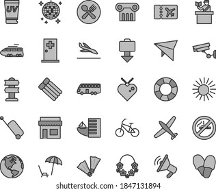 Thin line gray tint vector icon set - earth vector, plane, train, bus, hang glider, bike, passort control, ticket, rolling case, getting baggage, arrival, hotel, arnchair under umbrella, sun, cafe