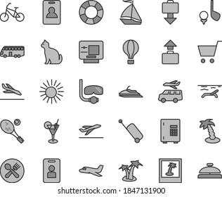 Thin line gray tint vector icon set - plane vector, bus, sail boat, air balloon, bike, identity card, rolling case, baggage, getting, departure, arrival, atm, beach, sun, palm tree, cocktail, cafe