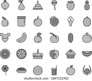 Thin line gray tint vector icon set - Child T shirt vector, birthday cake, muffin, torte, apple pie, Chupa Chups, lollipop, a glass of soda, cone, jam, strawberries, pineapple, pear, peach, ripe