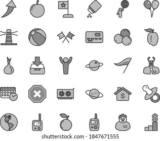 Thin line gray tint vector icon set - mark of injury vector, wind direction indicator, dummy, baby powder, bath ball, toy phone, mobile, colored air balloons, put in a box, planet, blueberry, tasty