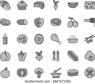 Thin line gray tint vector icon set - measuring bottle for feeding vector, plates and spoons, iron fork, sausage, piece of cheese, Hot Dog, noodles, muffin, cake with a hole, porridge, chicken leg