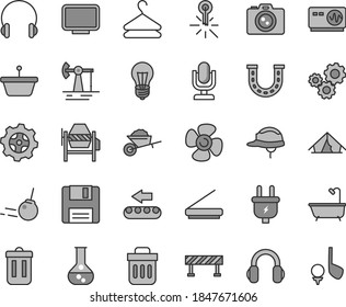Thin line gray tint vector icon set - desktop microphone vector, garden trolley, concrete mixer, bath, helmet, road fence, core, headphones, hanger, fan screw, working oil derrick, flask, bulb, plug
