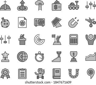 Thin line gray tint vector icon set - settings vector, book, oscilloscope, magnet, clipboard, calculator, radar, earth core, robot, sun panel, lunar rover, stopwatch, award, star reward, arrow graph