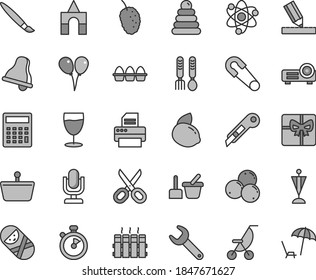 Thin line gray tint vector icon set - tassel vector, bell, desktop microphone, scissors, calculator, summer stroller, safety pin, stacking rings, tumbler, toy sand set, iron fork spoons, drawing