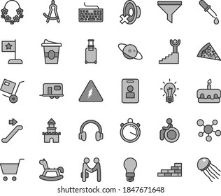 Thin line gray tint vector icon set - keyboard vector, silent mode, rocking horse, brick wall, shipment, piece of pizza, torte, coffe to go, light bulb, filter, headphones, molecule, electricity