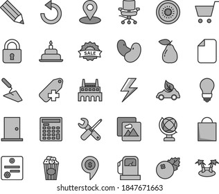 Thin line gray tint vector icon set - lightning vector, paper bag, counterclockwise, add label, birthday cake, trowel, small tools, bulb, ntrance door, lock, picture, globe, cup of popcorn, pear