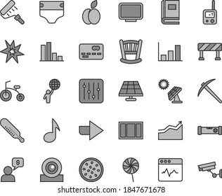 Thin Line Gray Tint Vector Icon Set - Right Direction Vector, Cradle, Diaper, Mercury Thermometer, Toy Phone, Child Bicycle, Window Frame, Paint Roller, Construction Level, Traffic Signal, Regulator