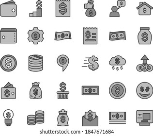 Thin line gray tint vector icon set - purse vector, dollar, coins, column of, article on the, financial item, wallet, money, dollars, cash, bag hand, rain, coin, mortgage, pedestal, gear, idea, eyes