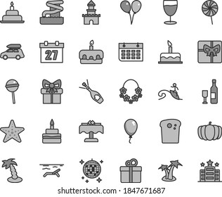 Thin line gray tint vector icon set - daily calendar vector, colored air balloons, balloon, cake, birthday, gift, Easter, torte, Chupa Chups, lollipop, glass, pumpkin, wall, giftbox, sand castle