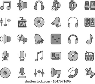 Thin line gray tint vector icon set - bell vector, desktop microphone, loudspeaker, silent mode, drumroll, drum, headphones, music, CD, regulator, volume, no sound, phone call, megaphone, pc card