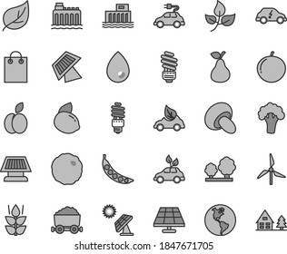Thin line gray tint vector icon set - saving light bulb vector, drop, porcini, cabbage, apple, pear, mint, tangerine, yellow lemon, peas, broccoli, solar panel, big, leaves, leaf, windmill, trees