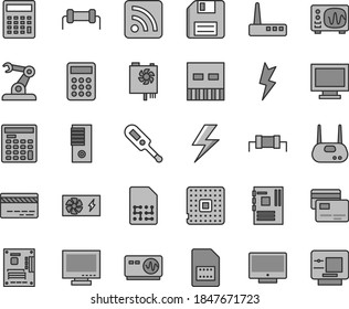 Thin line gray tint vector icon set - lightning vector, floppy disk, monitor, window, bank card, calculator, rss feed, electronic thermometer e, screen, cards, processor, assembly robot, SIM, tower