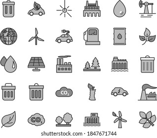 Thin line gray tint vector icon set - bin vector, dust, drop, apple stub, solar panel, working oil derrick, leaves, leaf, gas station, windmill, wind energy, factory, hydroelectric, hydroelectricity