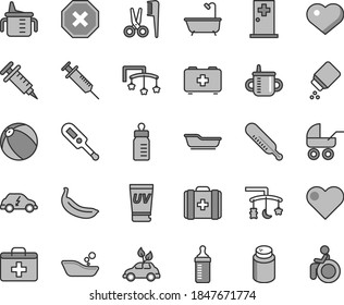 Thin line gray tint vector icon set - heart symbol vector, mark of injury, first aid kit, toys over the cradle, cot, mug for feeding, measuring cup, bottle, powder, baby, carriage, mercury, medical
