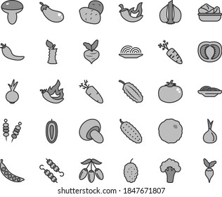 Thin line gray tint vector icon set - fried vegetables on sticks vector, onion, slices of, mushroom, porcini, lettuce in a plate, meat skewers, cabbage, cucumber, tomato, chili, beet, carrot, half